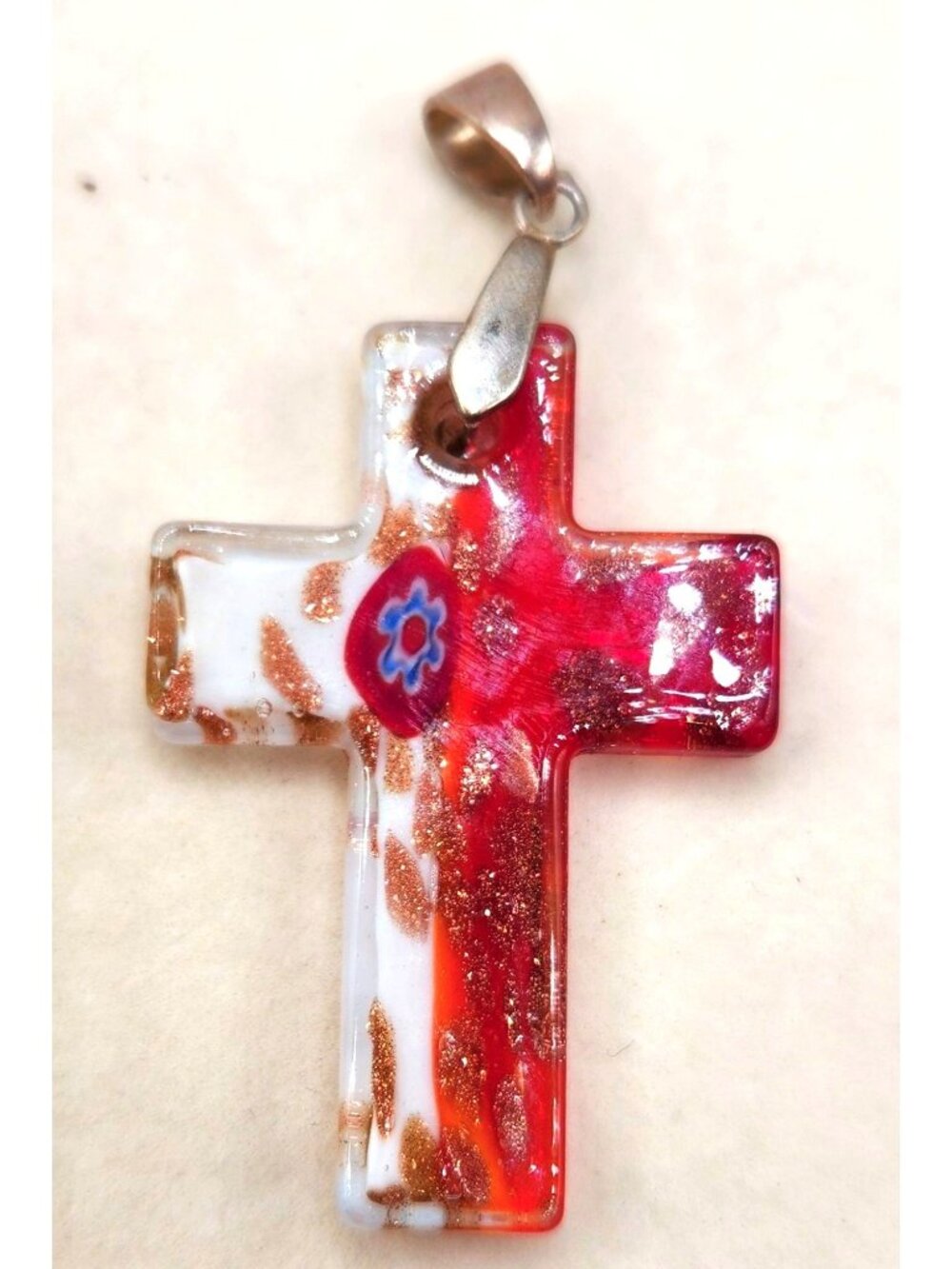 Murano-Style Glass Cross Pendant With Floral Design In Red White & Gold Glitter